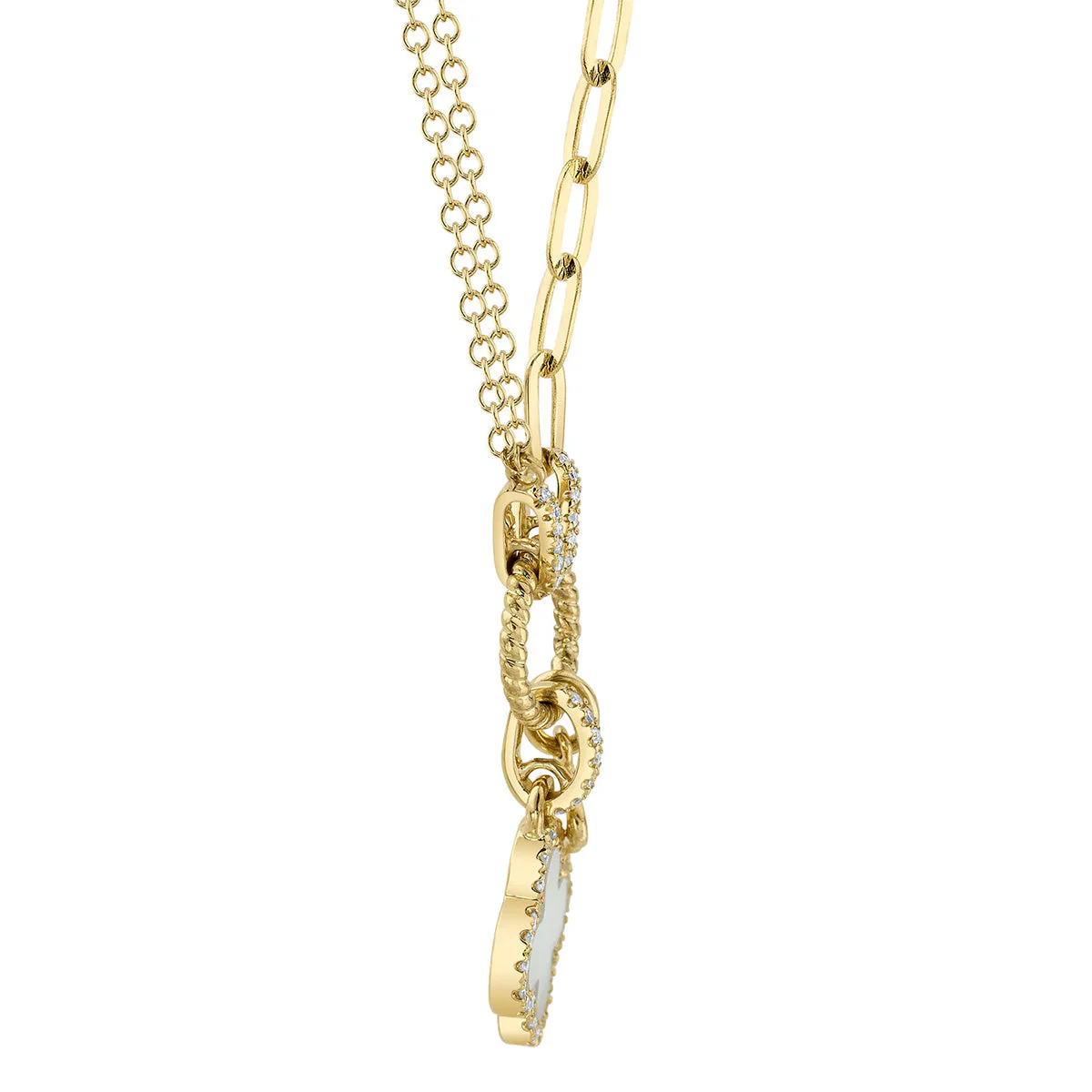 Shy Creation Diamond Mother of Pearl Clover Paper Clip Link Pendant Necklace - Image 2