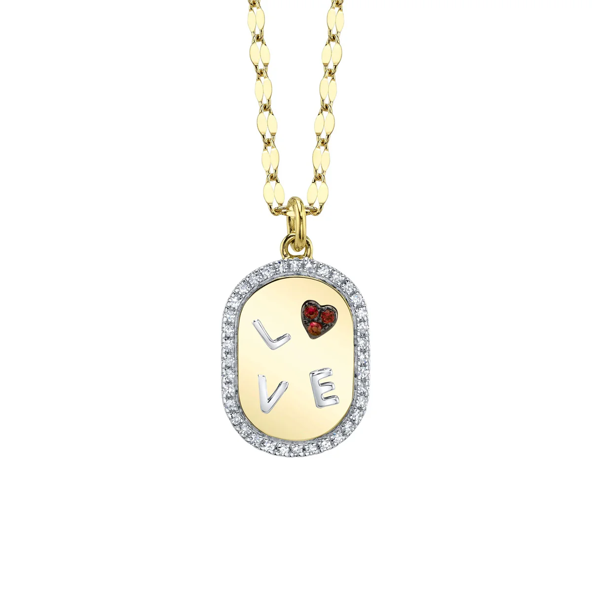Shy Creation Kate Diamond And Ruby Heart "Love" Oval Sparkle Chain Necklace