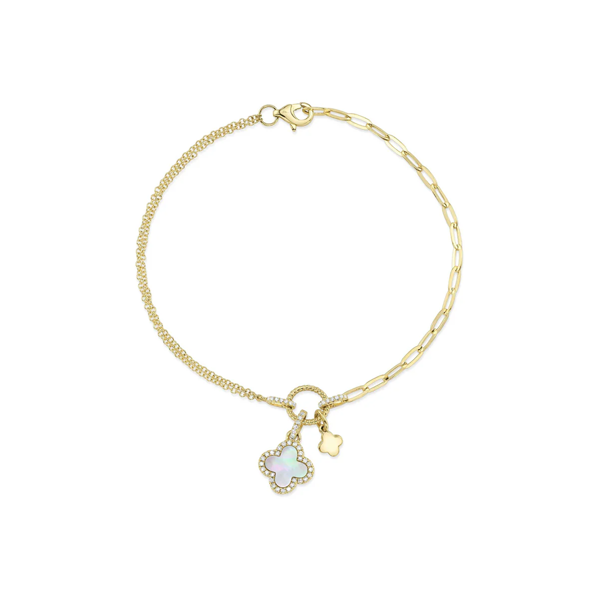 Shy Creation Kate Diamond Mother Of Pearl Clover Paper Clip Link Bracelet